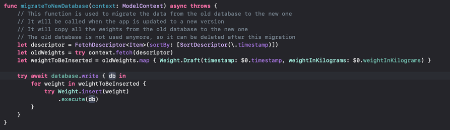 Swift code migrating SwiftData models to a SharingGRDB database