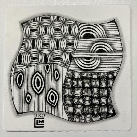 Finished tile with black ink patterns and graphite shading. 