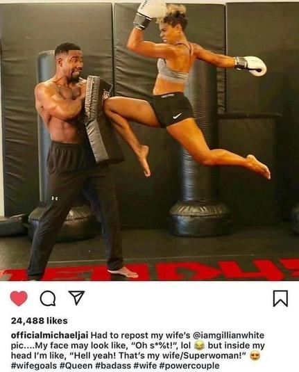 24,488 likes @officialmichaeljai Had to repost my wife's @iamgillianwhite pic....My face may look like, "Oh s*%t!" lol but inside my head I'm like, "Hell yeah! That's my wife/Superwoman!"