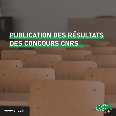 Plusieurs dizaines de chaises vides sont présentes dans une salle de cours. Le titre indique : Publication des résultats des concours CNRS.