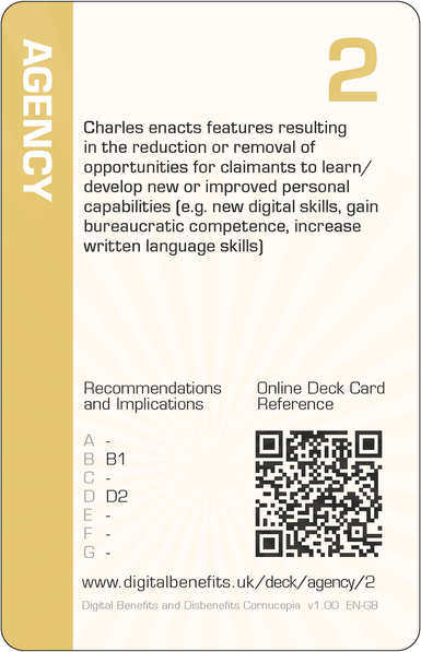 Image of the DBD Cornucopia Two of Agency card with text 'Charles enacts features resulting in the reduction or removal of opportunities for claimants to learn/develop new or improved personal capabilities (e.g. new digital skills, gain bureaucratic competence, increase written language skills)'