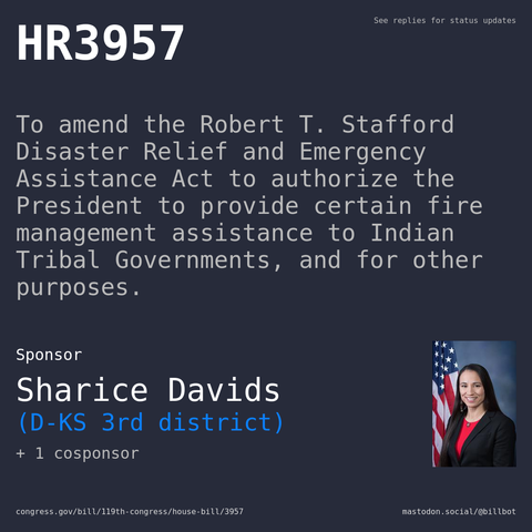 Description of HR3957, and a depiction of its sponsor, Sharice Davids.