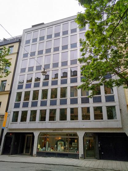 White building with six rows of evenly placed windows that are covering most off the facade. The upper windows are mirroring the sky and the lower the building across the street. A few green branches on each side. 