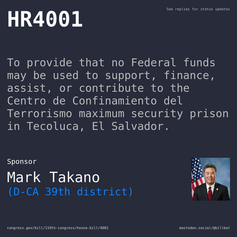 Description of HR4001, and a depiction of its sponsor, Mark Takano.