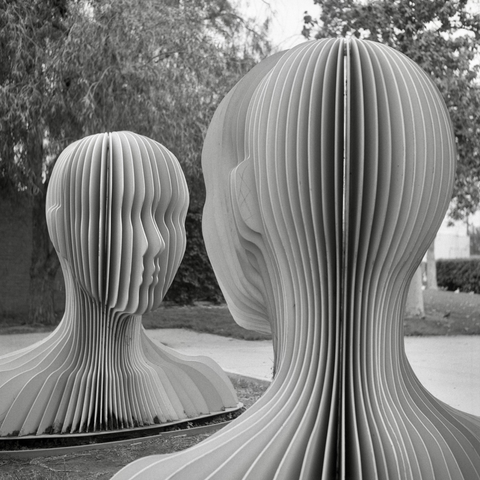 A black and white film photo. The beautiful art installation Mutualism by Soonmi Oh is seen in front of the Burbank Public Library in Los Angeles California. Saturday, May 17, 2025.