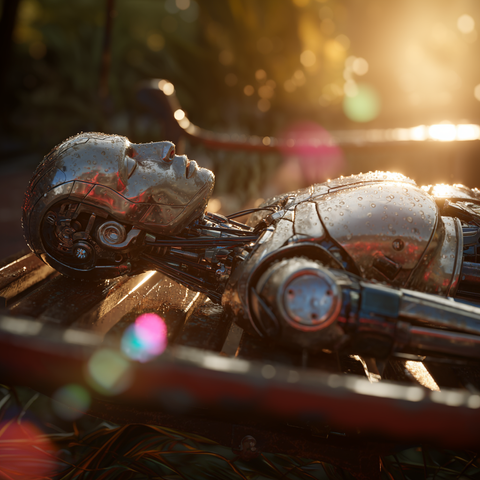 Midjourney Prompt: A cinematic shot of a humanoid robot lying peacefully asleep on a sun-drenched metal bench, beads of condensation or 'sweat' glistening on its metallic surface, warm sunlight creating lens flares and reflections, hyperrealistic, detailed mechanical parts, soft ambient lighting, shot on Hasselblad, 32k, photorealistic rendering --v 7