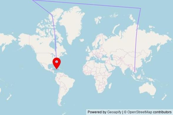 A map showing the great circle route from Pursat in Cambodia to a map pin at Saint Helen Catholic Church, 13 King's Street, Linstead, Jamaica