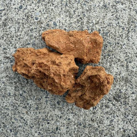 A conference attendee brought me a small bag of clay from her backyard. She happens to live on top of a micaceous clay deposit! I did not know we had micaceous clay in Virginia, as it is not celebrated here in the same way it is in the US Southwest. 

The photo is a square closeup shot of three small piece of dry clay piled together. The clay is brighter and a it more orange than the Hollins campus clay and is dotted with metallic specks that can be seen best if you zoom in. The clay sample lies on top of sidewalk cement. 