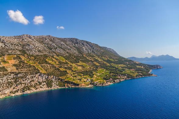 Aerial view of the famous Dingač vineyards on the Pelješac peninsula in Croatia. Steep terraced vineyards cover the rocky slopes above the deep blue Adriatic Sea, with small villages and the distant mountains of the Dubrovnik archipelago visible in the background.