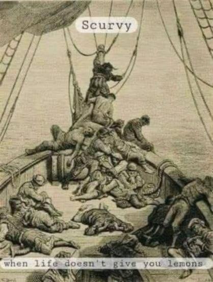 Scurvy

[old drawing of a pirate ship and everyone is either dead or sick]|

When life doesn't give you lemons
