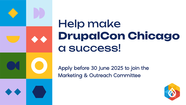 Call for volunteers promotional graphic for the Marketing & Outreach committee of DrupalCon Chicago.