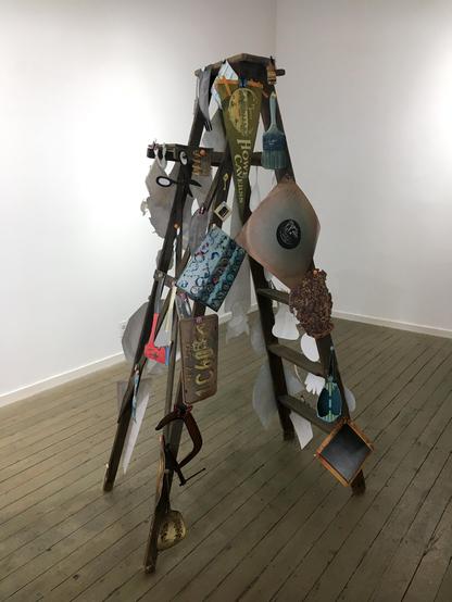 A ladder displaying images of various items, including tools and boxes, arranged on its rungs.