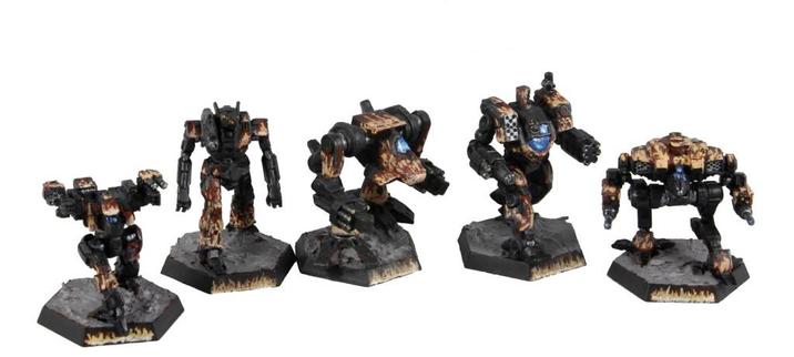 A Star of Clan Hell's Horses 'Mechs that are painted black and decorated with hot rod flames from daydreams of ZZ Top. The minis are in a line, in a white void.

From left to right: Fire Moth, Pack Hunter, Nova, Huntsman, Cougar.