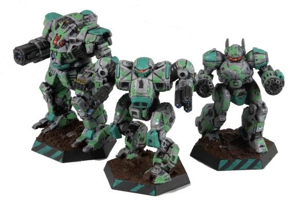 Three Points in a grey-green camouflage and jade trims for Clan Jade Falcon's Gamma Galaxy's 3rd Falcon Talon Cluster. The minis are place in a row in a white void.

From left to right: Kingfisher, Nova Cat, Crossbow.