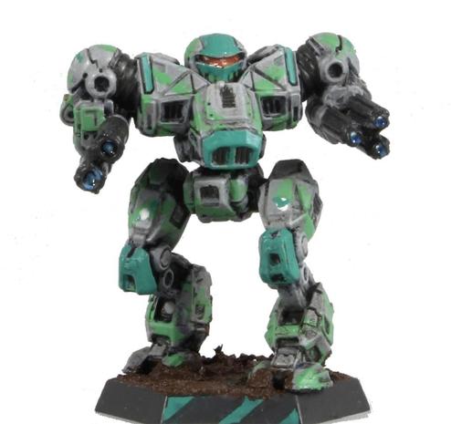 A Clan Jade Falcon's Nova Cat painted in a grey-green camo, placed in a white void. The mini is seen from a low front angle.