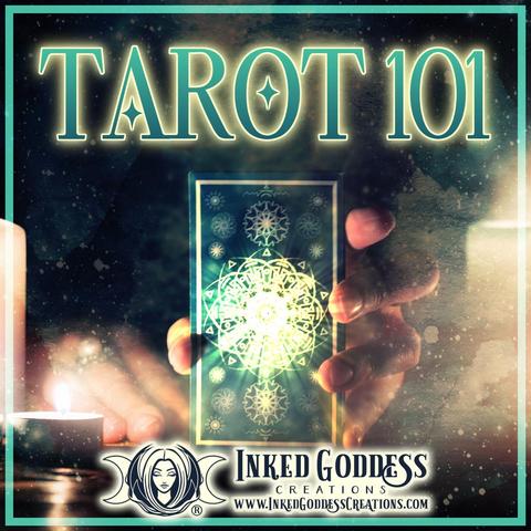 A feminine hand holding a single tarot card emerges from the dark background. The tabletop scene is lit by candles, and the symbols on the back of the tarot card are glowing. The text is the title of our Inked Grimoire blog post, "Tarot 101." Presented by Inked Goddess Creations.