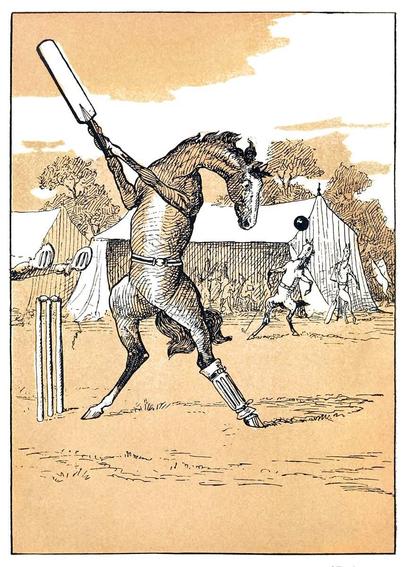 A horse is playing cricket, standing with its bat held high next to the wicket, ready to strike the ball coming toward him.