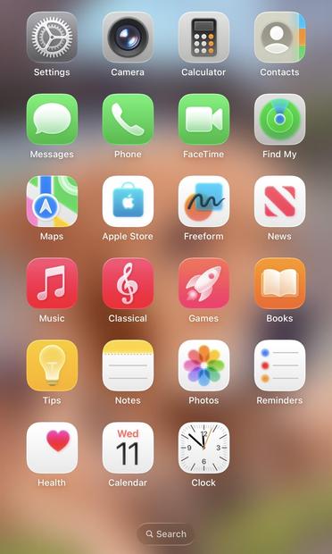 A screenshot (1 of 2) of Apple’s apps on an iOS Home Screen.
