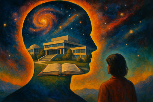 A figure contemplates a glowing human head silhouette filled with a school, book, and stars, blending cosmic imagination with educational symbolism in a retro 1970s sci-fi painting style.