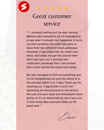 A customer testimonial with a red and white Innosearch logo at the top left, followed by four gold stars and the bold heading 'Great customer service'. The testimonial text reads: 'I received nothing but the best service, Melissa did a wonderful job of investigating to see what it actually had happened, it turns out that somehow the order had gone in twice from two different email addresses therefore, I was billed into my credit card twice, And oddly enough the second item didn't get sent, but I received the notification yesterday that I had arrived that's what started the whole ball rolling. But she managed to find out everything and it's all straightened out and the refund is in the process within 5 to 7 days Thank you for reaching out. I appreciate it and I am spreading the word around on the service that you and your team and Innosearch heart giving us it's so welcomed we don't see a lot of that these days anymore. Keep up the good work'. The testimonial is signed by Elmer