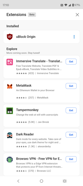 screenshot of extension page of Microsoft Edge app for Android