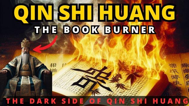 Collage brennender chinesischer Bücher und einer Abbildung des sitzenden Kaisers Qin Shi Huang.

Text:
"Qin Shi Huan
The Book Burner
The Dark Side Of Win Shi Huang"