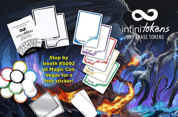 A graphic with InfiniTokens dry erase cards, color cards, counters, tags and deck box labels over Final Fantasy art with the InfiniTokens dry erase tokens logo in the upper right. In the middle it says "Stop by booth #5092 at Magic Con Vegas for a free sticker!"
