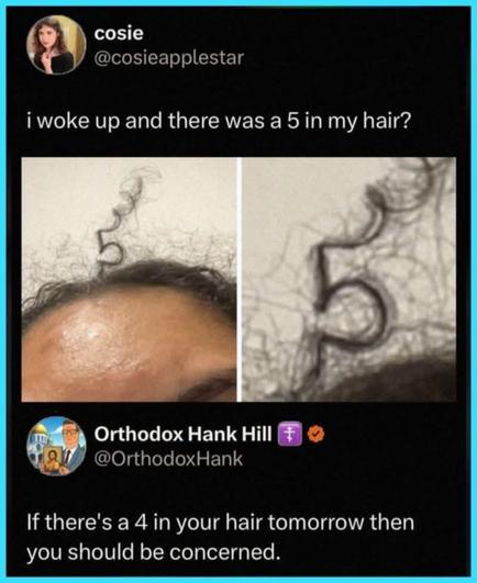 @cosieapplestar
woke up and there was a a 5in 5 in my hair?

[pic of her hair shaped as a perfect #5

@OrthodoxHank replies

If there's a 4 in your hair tomorrow then you should be concerned.

