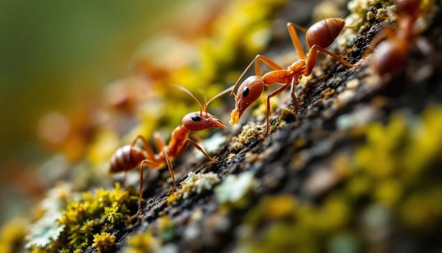 Red fire ants navigate across moss-covered bark while communicating and working together in their forest home.