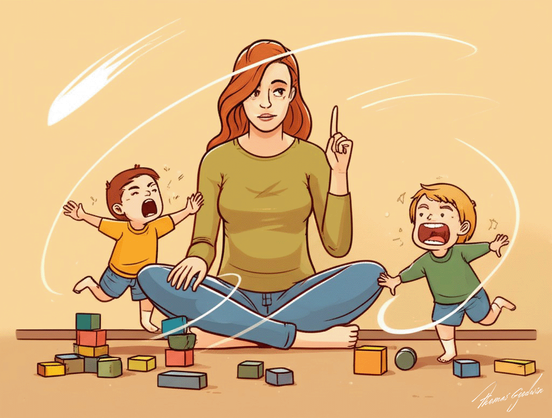 An illustrated image of a calm woman sitting cross-legged on the floor with one finger raised, surrounded by two young children who are energetically running and yelling around her. Colorful toy blocks are scattered on the floor. The woman appears composed despite the chaos, suggesting a theme of patience and parenting.