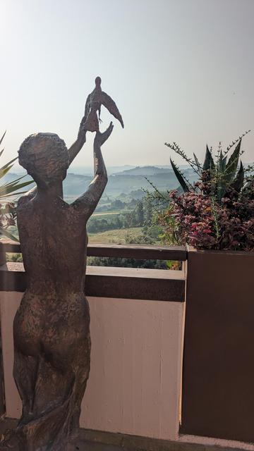 A bronze statue of a girl releasing a bird into the wild.