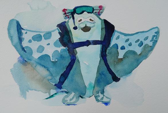A watercolor painting of big man from Splatoon 3. He's wearing the outfit shown in the Splatoon Raiders reveal trailer