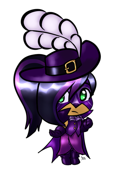A chibi of a tawny-skinned, black-and-purple-haired woman wearing a purple cape, hat, vest, and canine mask over a violet flamenco skirt, lavender cravat, and black boots and gloves.  She has emo-style bangs and a ponytail.