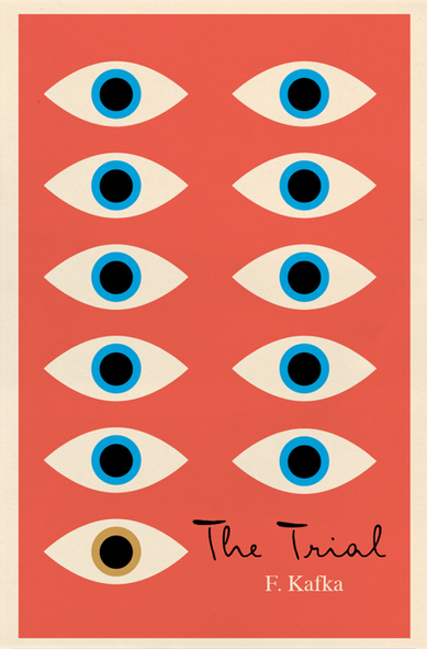 Cover of the book. The Trial by Franz Kafka. The cover has a reddish-colored background with images of 5 pairs of eyes, either drawn or created with computer editing software. Not real looking eyes. The last row of eyes, differs from the 4 sets above it in that it has an auburn colored pupil, when all the others have blue pupils. The title of the book is in place of the auburn eye's pair. 
