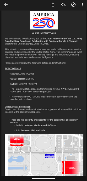 Invitation to Trump's corrupt birthday military parade.