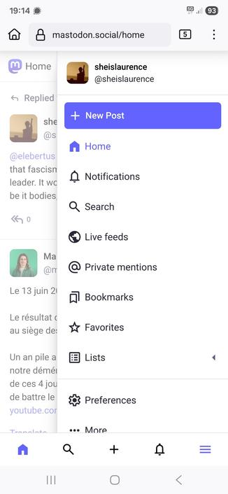Screengrab of the new mobile navigation menu on mastodon.social