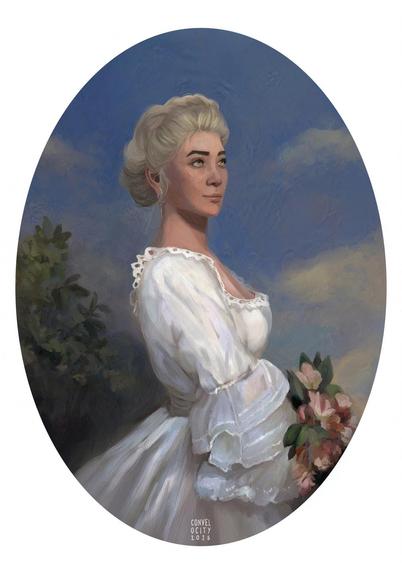 Portrait of a blonde woman in a white dress holding flowers