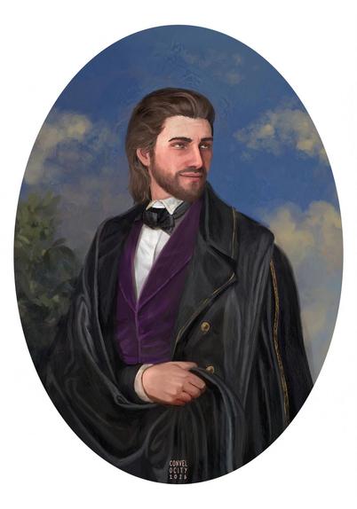 Portrait of a man dressed in a white shirt, purple velvet vest and a long silky black coat.