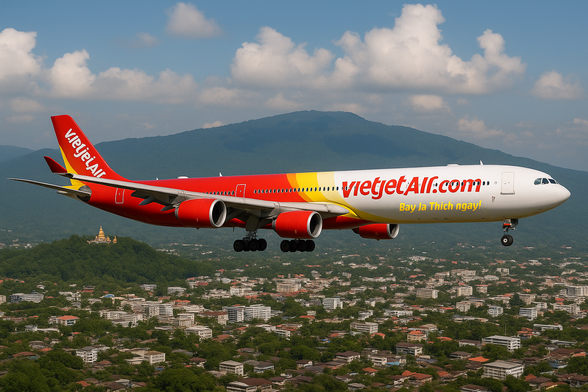 A VietJet Air Airbus A340 Neo, painted in the airline’s signature red and yellow livery with “VietJetAir.com” and the slogan “Bay là Thích ngay!” on the fuselage, is captured mid-flight over Chiang Mai, Thailand. Below, the city’s buildings are nestled among lush greenery, with the Doi Suthep mountain and Wat Phra That Doi Suthep visible in the background under a partly cloudy sky.