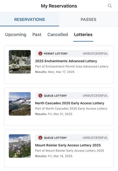 Unsuccessful entry into the North Cascades 2025 Early Access Lottery.