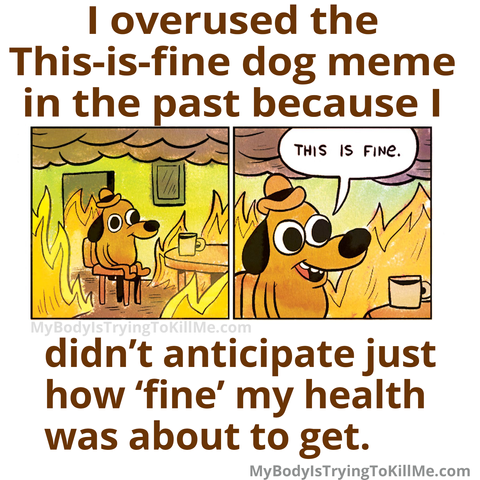 I overused the This-is-fine dog meme in the past because i didn't anticipate just how 'fine' my health was about to get

[pic of the this is fine dog meme with him drinking coffee when there is a fire]