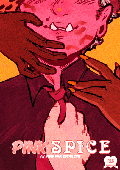 The cover for Pink Spice. It features Satya, Rocko, and Artemis reaching out to touch Blake in the center, who is smiling with her face covered in lipstick kisses.