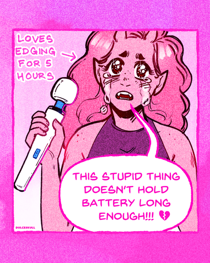 The sticker that comes with the first 25 orders; it's Satya holdding up a magic wand and going "This stupid thing doesn't hold battery long enough!!!!" with a broken heart emoji and then an arrow pointing to her that says, "Loves edging for 5 hours."