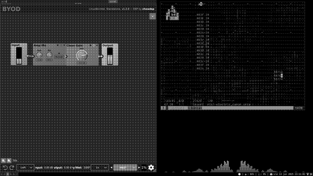 Captura de pantalla de un escritorio linux, pasada por un filtro dither. Antes muerta que sencilla es mi motto. 