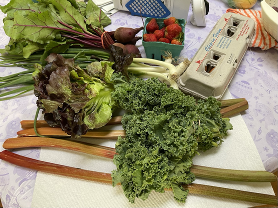 On a table, our variety of fruits and vegetables, including eggs from the Eastie Farms CSA program