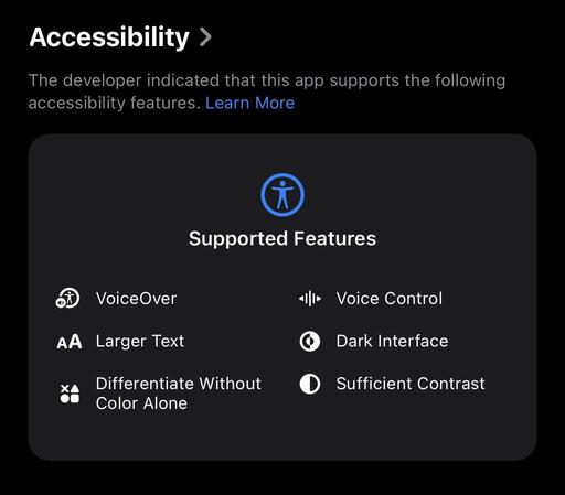 Screenshot of the Accessibility section on the App Store. It states that the developer has indicated support for several accessibility features: VoiceOver, Voice Control, Larger Text, Dark Interface, Differentiate Without Color Alone, and Sufficient Contrast. Each feature is represented with a corresponding icon.