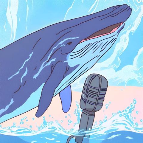 Drawing of a humpback whale leaping out the water and appearing to speak into a similarly sized massive microphone.