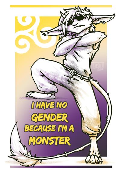 Korrigan badass avec les couleur du drapeau non binaire. et le texte "i have no gender because i'm a monster"