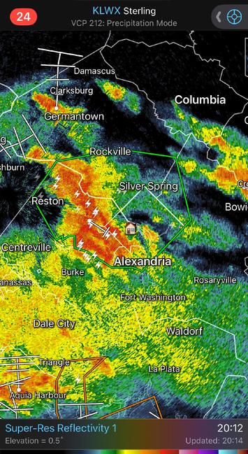 A screenshot from RadarScope showing a big th thunderstorm with a bunch of lightning