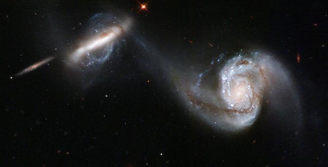 A pair of interacting galaxies. On the right is a nearly face-on spiral.  It has a small, bright central core, surrounded by a haze of yellow stars. Surrounding this is a ring of blue stars, dotted by blue star clusters. Two wide spiral arms emerge from the ring, crossed by dark brown dust lanes. They fan out, almost connecting back to the main body of the galaxy. A line of blue star clusters begins at the left spiral arm and arcs around the body of the galaxy. The left arm extends out connecting to its companion galaxy at left. The left galaxy is an edge-on disk, seen as a wide, angled line of yellowish stars. A stream of blue stars, star clusters, and gas appears to come from its companion's spiral arm and wrap one and a half times around the disk galaxy. A third galaxy, a smaller edge-on spiral, is seen to the left of the disk galaxy. The black background of space is dotted with a few foreground stars and tiny background galaxies. 